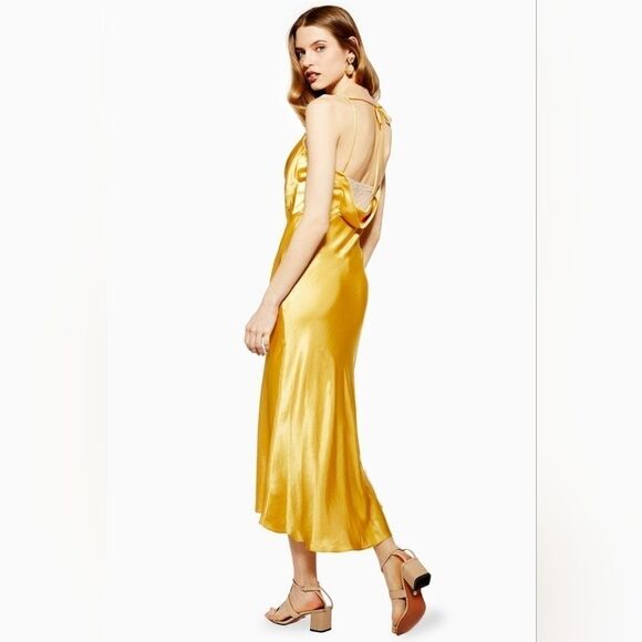 Topshop Gold Draped Neckline Asymmetric Hem Lace Back Satin‎ Midi Slip Dress 4US - Picture 2 of 9